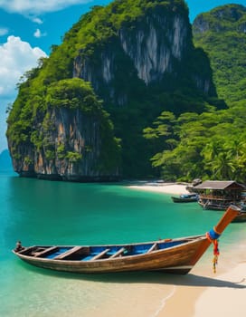 A pristine tropical beach with crystal clear waters and a traditional wooden boat in the foreground. Lush green cliffs and blue skies create a serene atmosphere.