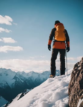 A mountaineer stands atop a rugged peak against a backdrop of majestic snow-capped mountains bathed in the soft glow of sunrise.