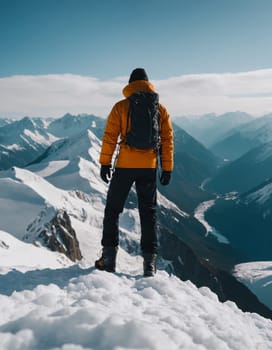 A mountaineer stands atop a rugged peak against a backdrop of majestic snow-capped mountains bathed in the soft glow of sunrise.