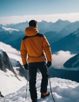 A mountaineer stands atop a rugged peak against a backdrop of majestic snow-capped mountains bathed in the soft glow of sunrise.