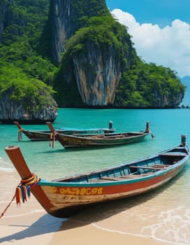 A pristine tropical beach with crystal clear waters and a traditional wooden boat in the foreground. Lush green cliffs and blue skies create a serene atmosphere.