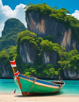 A pristine tropical beach with crystal clear waters and a traditional wooden boat in the foreground. Lush green cliffs and blue skies create a serene atmosphere.