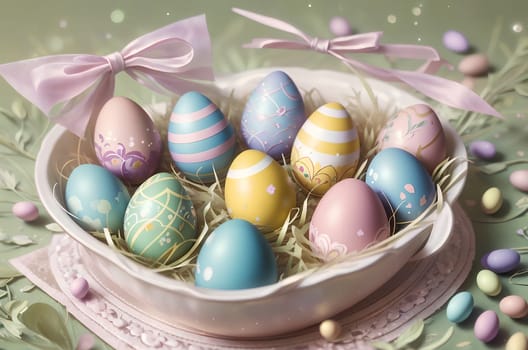 Easter card with painted colored eggs. AI generated image.