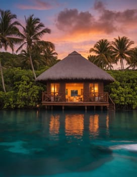 A pristine tropical beach with crystal clear waters and a traditional wooden boat in the foreground. Lush green cliffs and blue skies create a serene atmosphere.