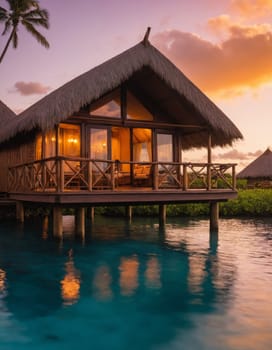 A luxurious overwater bungalow set against a stunning sunset. Surrounded by calm waters and palm trees offering a perfect tropical escape.