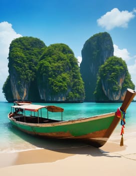 A pristine tropical beach with crystal clear waters and a traditional wooden boat in the foreground. Lush green cliffs and blue skies create a serene atmosphere.