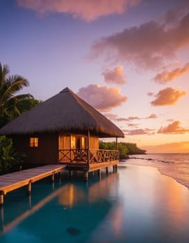 A luxurious overwater bungalow set against a stunning sunset. Surrounded by calm waters and palm trees offering a perfect tropical escape.