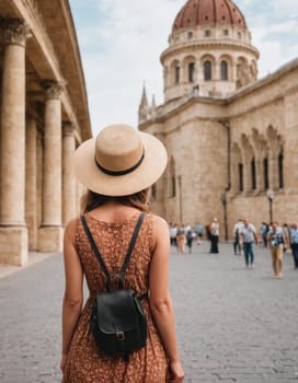 A stylish woman in a colorful outfit explores a historical city. The architectural beauty of the place complements its elegant presence.