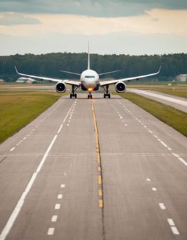 Front view of an airplane taking off from the runway.