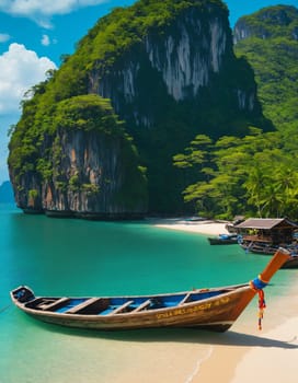 A pristine tropical beach with crystal clear waters and a traditional wooden boat in the foreground. Lush green cliffs and blue skies create a serene atmosphere.