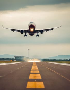 Front view of an airplane taking off from the runway.