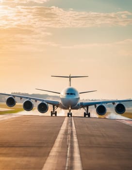 Front view of an airplane taking off from the runway.