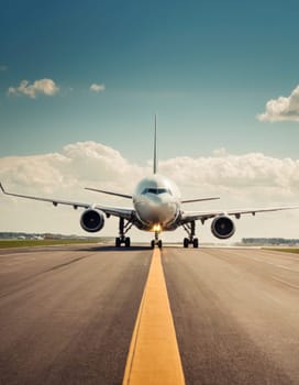 Front view of an airplane taking off from the runway.