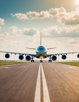 Front view of an airplane taking off from the runway.