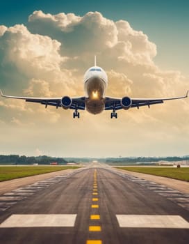 Front view of an airplane taking off from the runway.