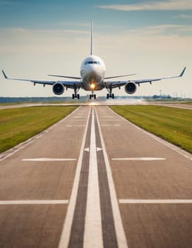 Front view of an airplane taking off from the runway.