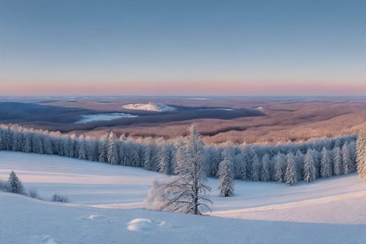 A serene winter landscape, picturesque panorama. Snow-covered landscapes, frost-covered trees, and wintery scenes. Generative