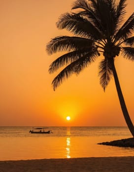A tranquil view of the golden sunset over the ocean. The palm tree and the boat are silhouetted against the vibrant hues of the setting sun.