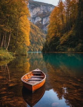 A wooden boat floats on a tranquil lake surrounded by mountains and trees adorned with vibrant autumn foliage. The scene encapsulates the serene beauty of nature.
