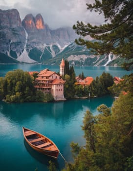 Serene view of a majestic waterfall surrounded by colorful flowers. Empty wooden boat on calm water