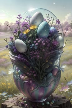Easter bouquet with flowers and painted eggs. AI generated image.