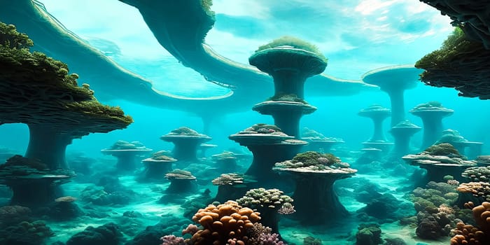 Utopian underwater city. Marvel at the transparent domes teeming with marine life, futuristic transit networks, and cutting-edge research hubs delving into the ocean's mysteries.