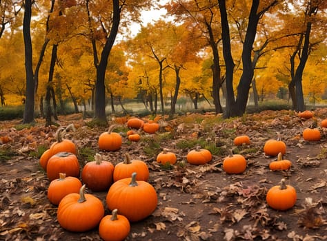In the enchanting forest, November's Halloween pumpkin harvest unfolds. Bright orange orbs adorn the ground, a stunning sight amidst the autumn foliage. Generative AI.