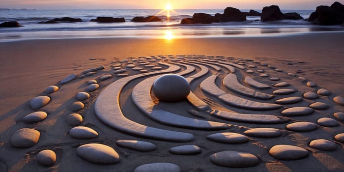 Pattern of stones on a sandy beach, illuminated by the warm colors of a sunset.