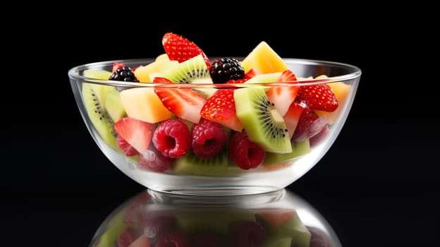 Fruit salad in a glass bowl on ablack background. AI generated.