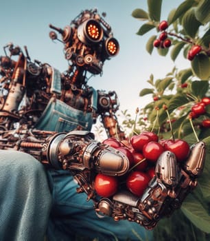 robot working in the farm vegetable garden to grow produce for human consumption ai generated