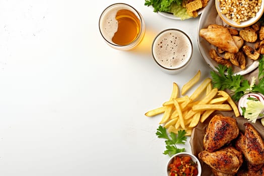 Assorted snacks with beer on a white background viewed from top.