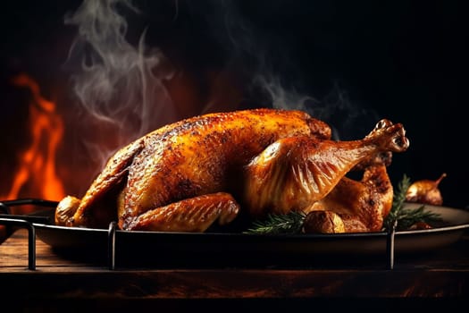 Golden roasted turkey on a tray garnished with herbs.