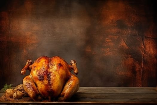 A roasted chicken presented on a wooden surface, ready to be served.