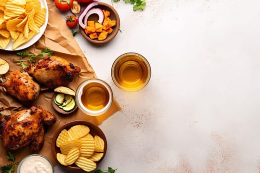 Roasted chicken with sides and beer, arranged on a rustic table.