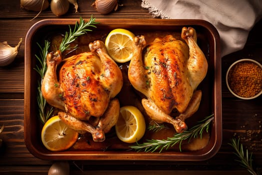Two roasted chickens garnished with lemon and rosemary in a pan