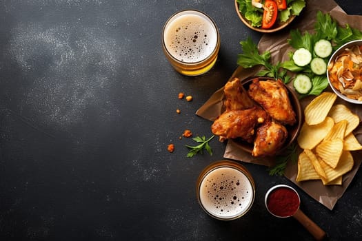 Top view of a meal with chicken, chips, vegetables, and beer.