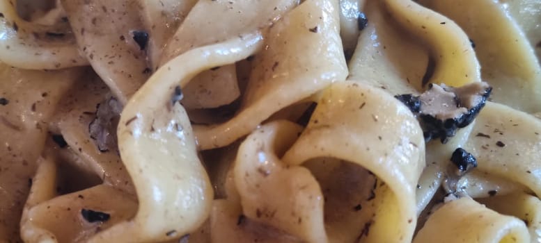 Close-up of delicious pappardelle pasta in creamy mushroom sauce. Vertical image