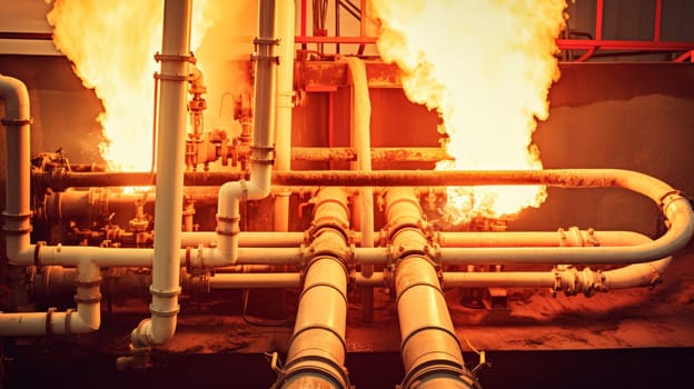 Dramatic scene of a chemical plant with fire chimneys emitting flames and thick clouds of smoke. Fire at the factory.