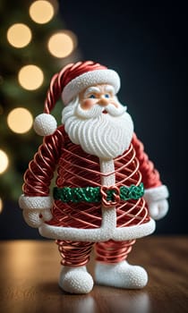 Santa Claus bent wire figure on blurred backdrop indoors during Christmas season, abstract wire creative figures, art and imagination intersection