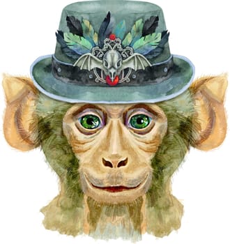 Monkey head in green hat isolated on white background. Monkey watercolor illustration