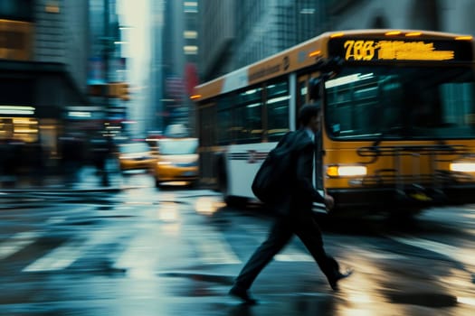Rush hour on a busy city street with motion-blurred buses and pedestrians.