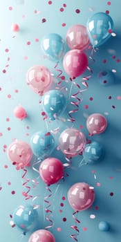 Bunch of balloons with confetti. 3D illustration with vibrant colors. Celebration and party decoration concept for design and print. Vertical composition with copy space.
