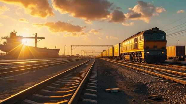 Freight train at sunset on railway track with cargo ship in background. Industrial transportation and logistics concept. Warm golden hour lighting for design and advertising
