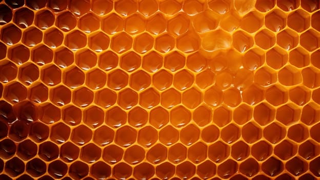 Close-up image of a honeycomb, golden honey filling the hexagonal shapes with natural sweetness.