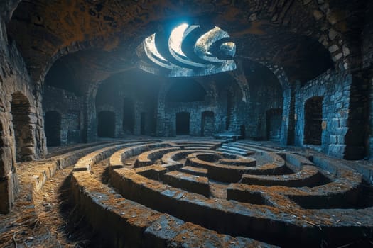Mystical ruins with a spiral design illuminated by ethereal light