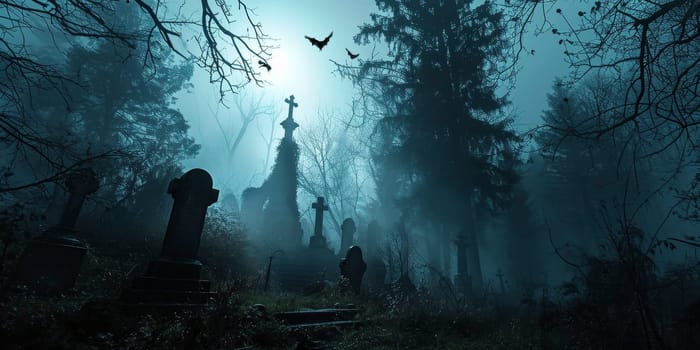 Eerie old graveyard with flying bats in misty woods