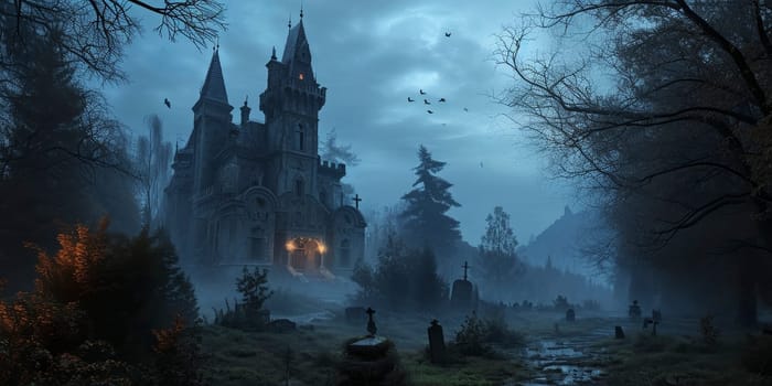 Mysterious gothic castle with illuminated windows overlooking a foggy cemetery at night.