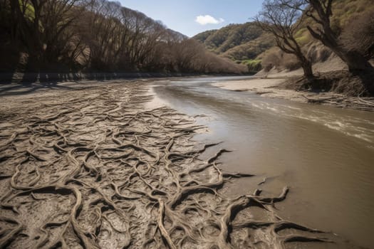 Cracked soil texture in a parched riverbed signifies drought.