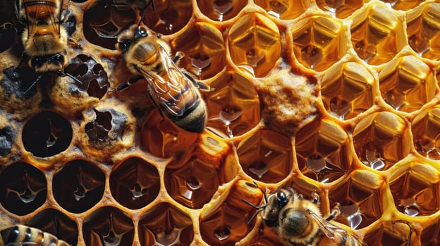 Macro image of honey bees actively working on a golden honeycomb in a hive.