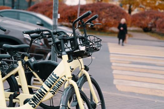 A bicycle is parked on the roadside, its tires and wheels gleaming in the sunlight as a distinctive bicycle accessory